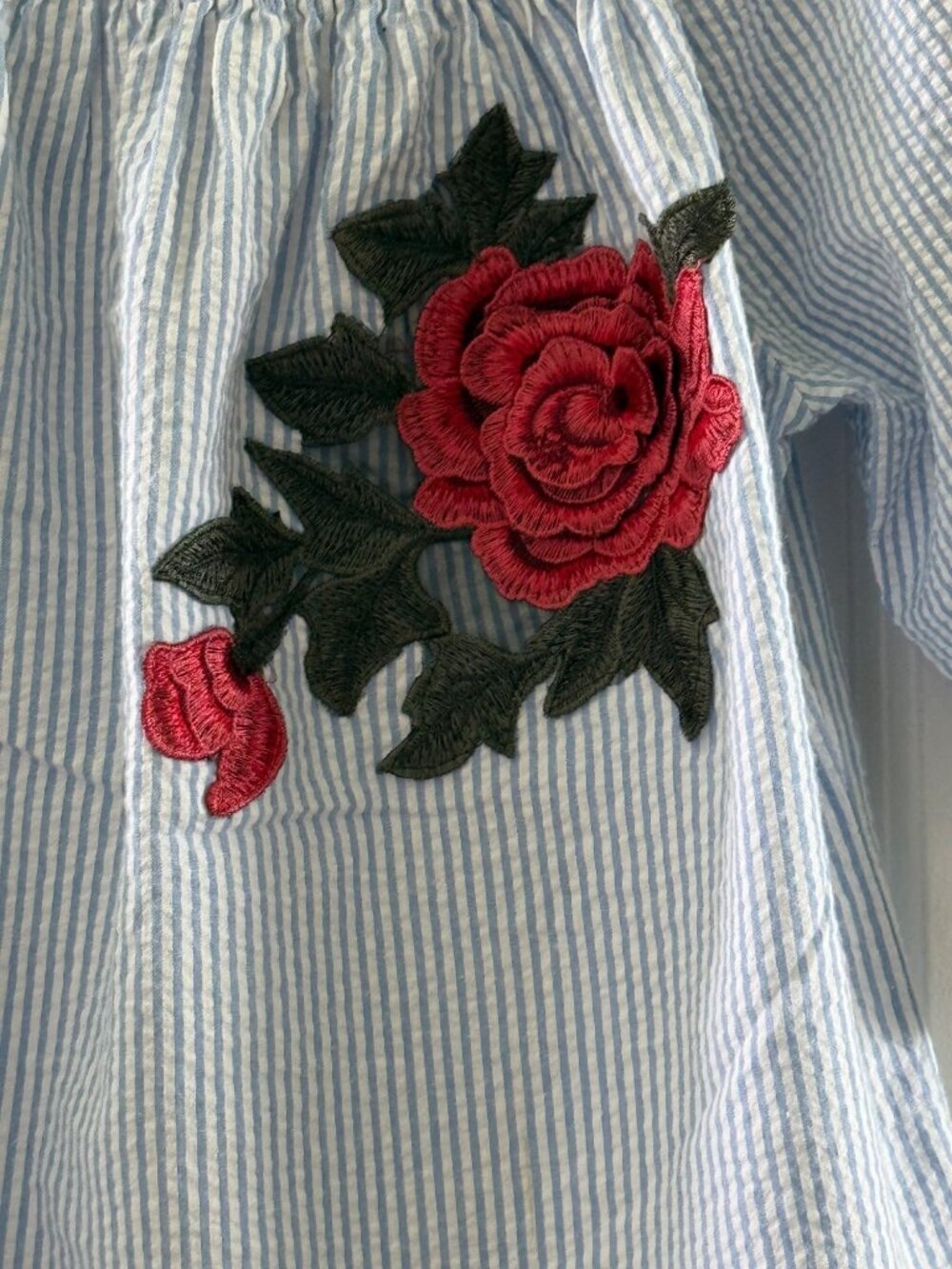 Blue & White Striped Off-Shoulder Top With Floral Embroidery Ruffle Sleeves SJS - Picture 6 of 8